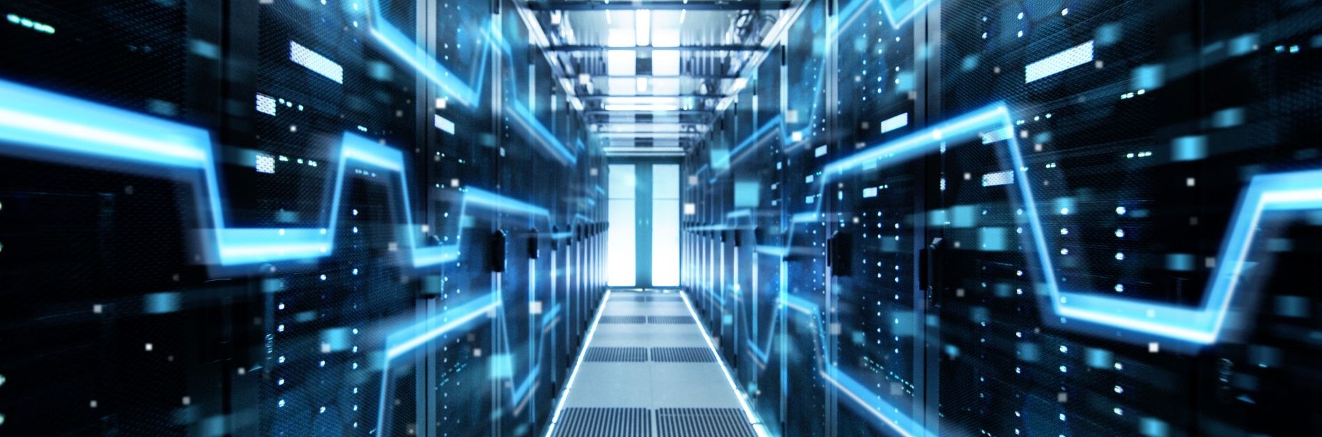 Servers and glowing blue lines