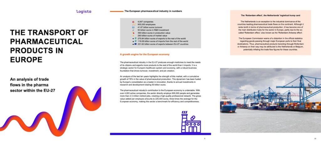 Report on the transport of pharmaceutical products in Europe, including industry data and logistics visuals of ports and containers.
